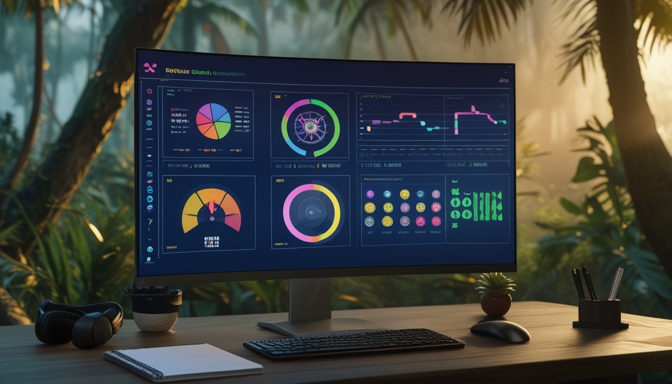 Meja kerja modern dengan monitor menampilkan grafik analitik abstrak, berlatar suasana hutan tropis yang hangat.