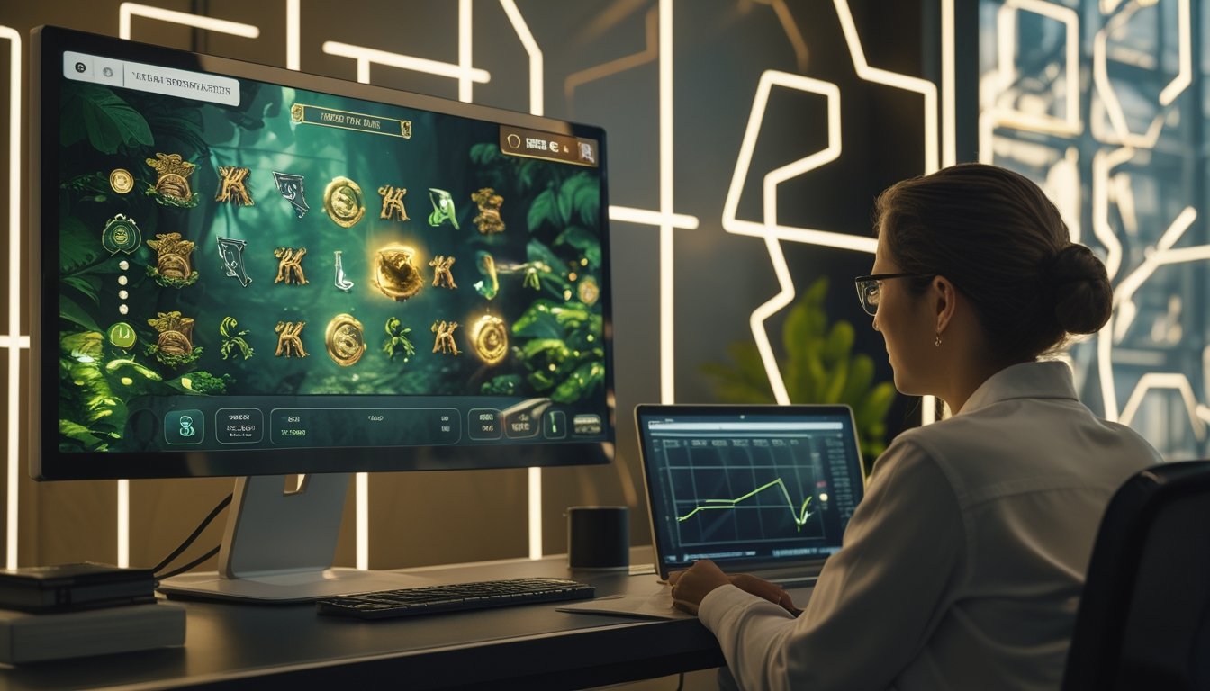 Seorang analis mempelajari permainan petualangan digital di monitor dalam ruang kerja modern.