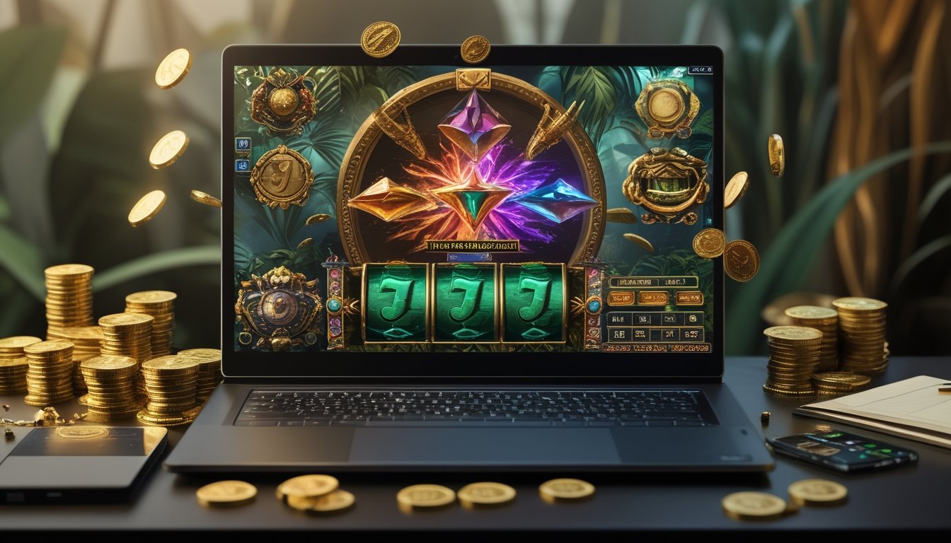 Laptop menampilkan permainan slot bertema petualangan hutan dengan koin emas, kalkulator, dan buku catatan kosong di atas meja.