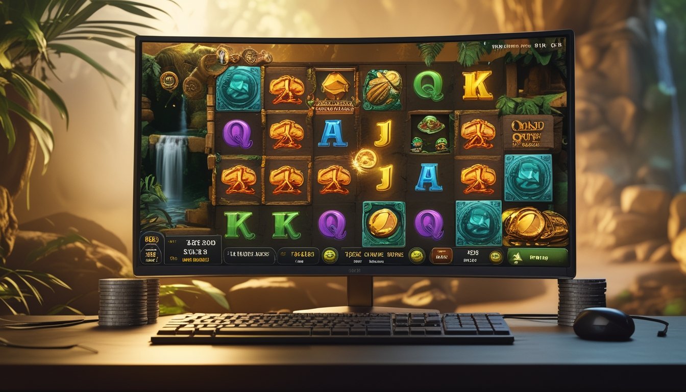 Monitor menampilkan permainan slot bertema petualangan hutan dengan simbol warna-warni dan efek kemenangan, di atas meja dengan token permainan.