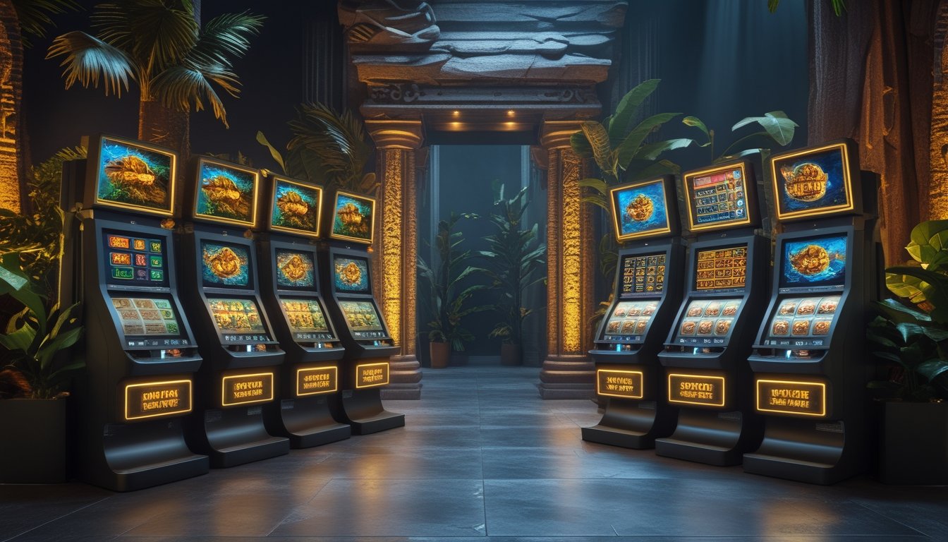 Dua mesin permainan bertema petualangan hutan ditampilkan berdampingan dalam lounge kasino modern, dengan tata letak gulungan yang berbeda.