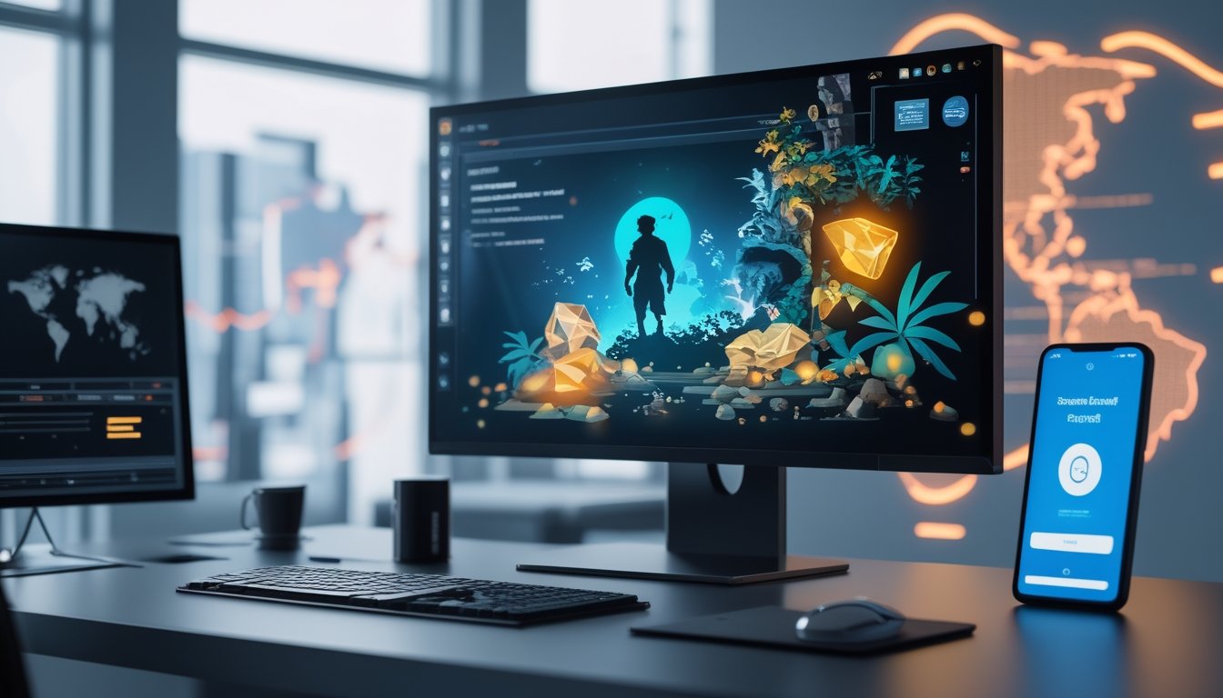 Komputer dan ponsel menampilkan antarmuka permainan petualangan digital dengan latar konektivitas global.