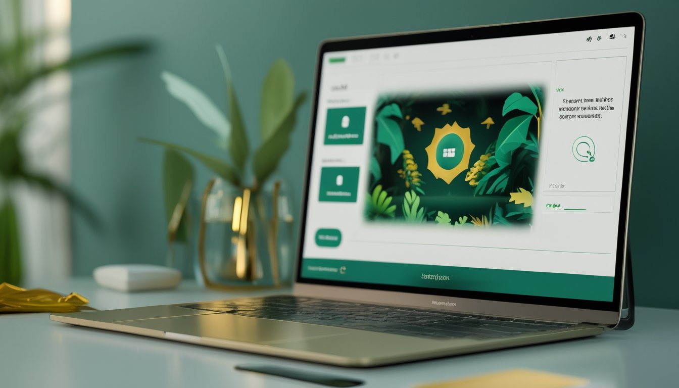 Laptop dan ponsel menampilkan antarmuka digital abstrak di atas meja kerja modern dengan dekorasi bernuansa tropis.