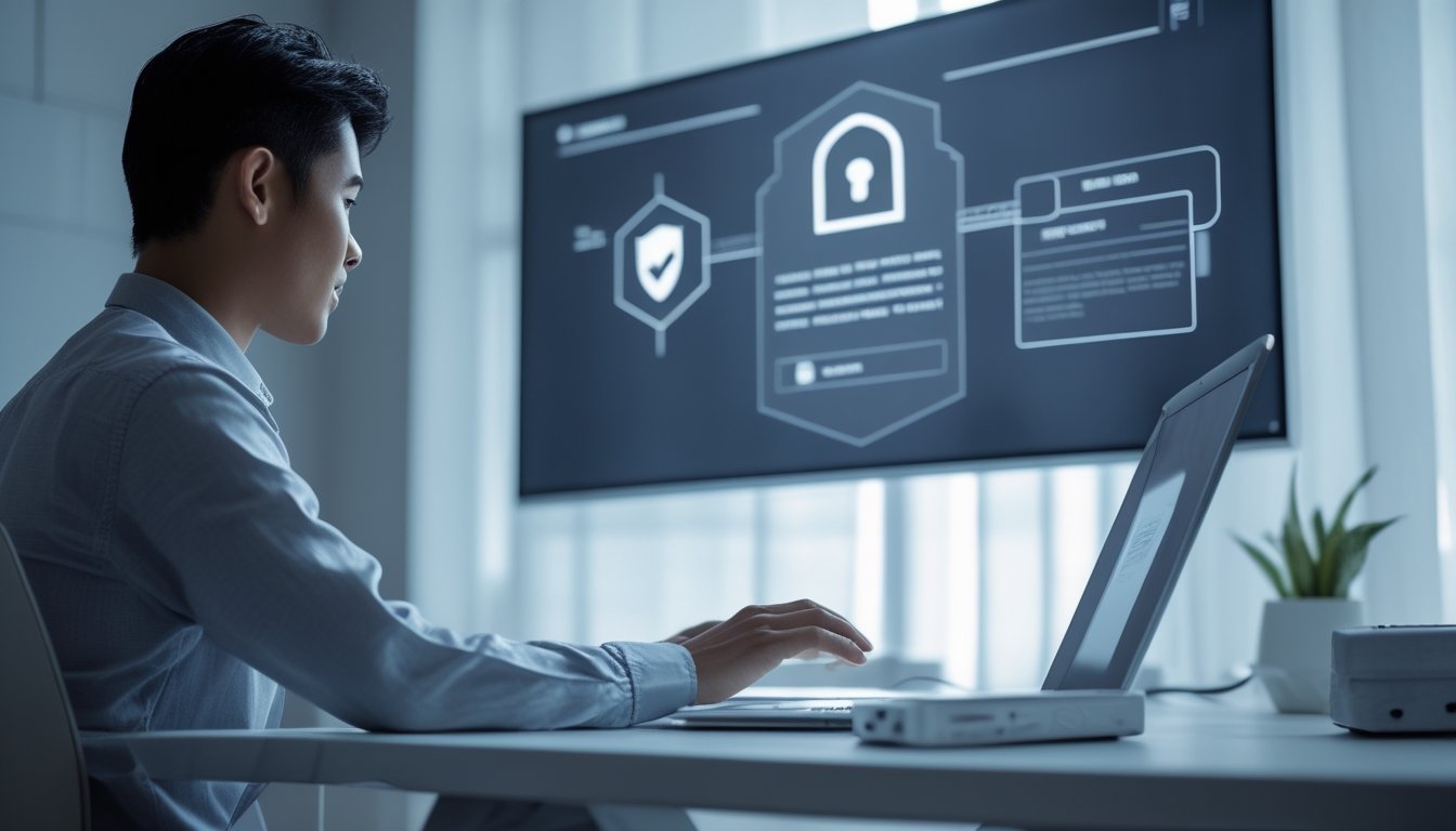 Pengguna laptop memeriksa portal resmi dengan simbol keamanan dan dokumen legal di ruang kerja modern.