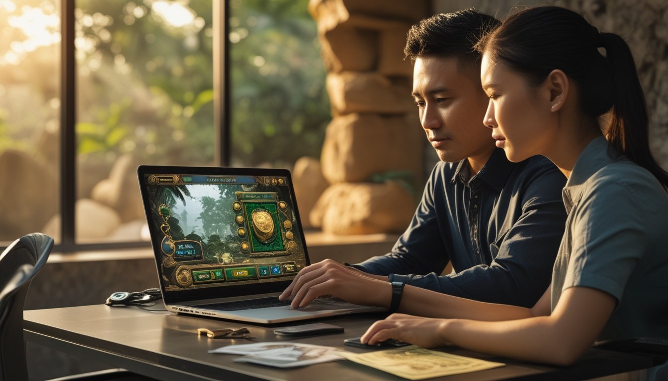 Dua orang dewasa mencoba permainan slot bertema petualangan melalui laptop dan tablet dengan koin virtual.