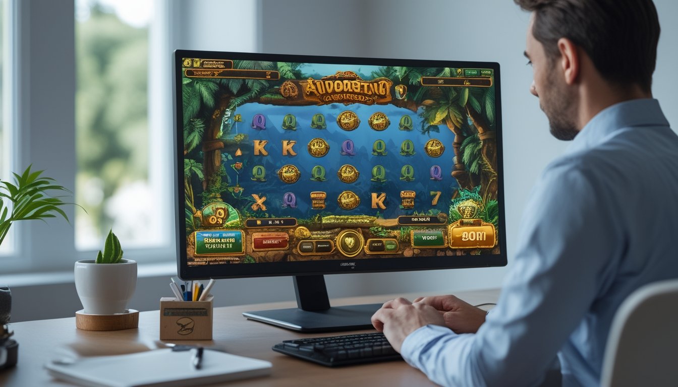Seseorang mencoba permainan slot bertema petualangan hutan dalam mode demo di depan komputer.