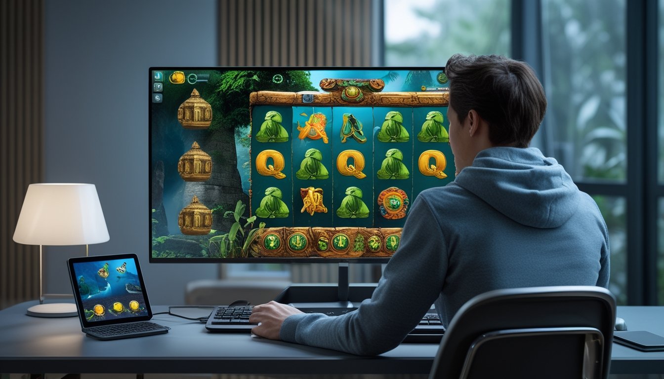 Pemain menikmati permainan slot bertema petualangan hutan di ruang kerja modern.