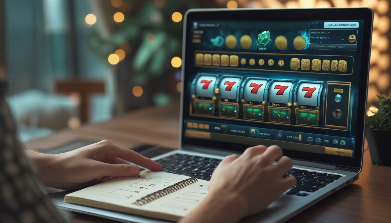 Meja analisis permainan dengan laptop, keping taruhan berukuran berbeda, dan tangan yang mencatat perbandingan strategi.