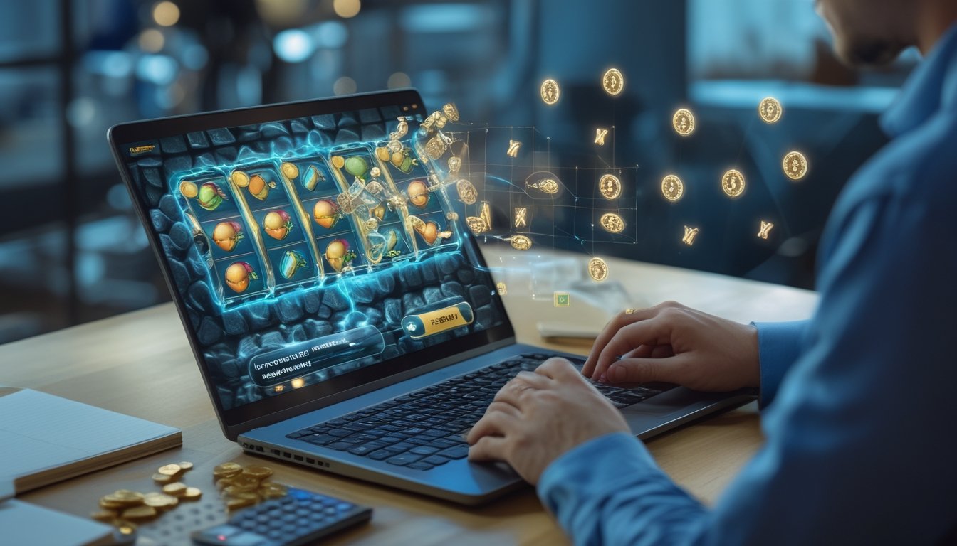 Meja kerja dengan laptop yang menampilkan permainan gulungan abstrak, efek pengganda bercahaya, kalkulator, dan catatan analisis.