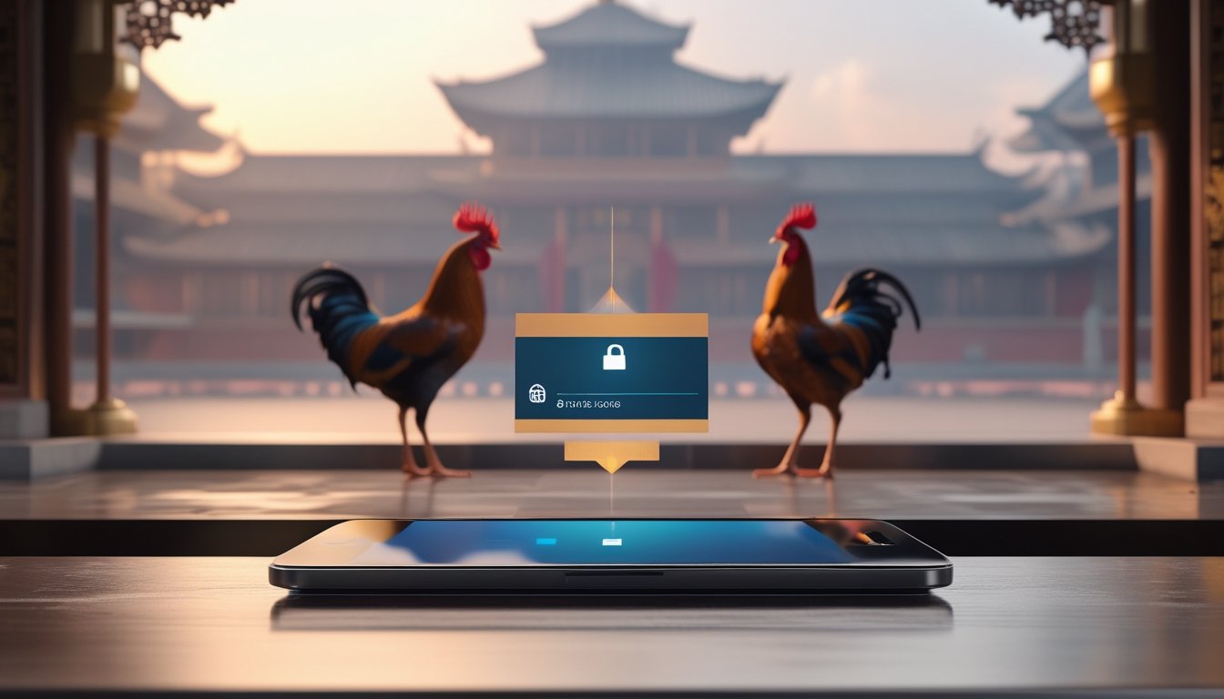 Perangkat digital dengan tampilan login abstrak berada di meja, dengan arena tradisional dan dua ayam hias yang tampak samar di latar belakang.