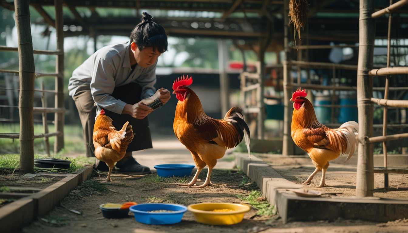 Seorang pengasuh memeriksa ayam jantan di kandang bersih dalam lingkungan pedesaan.