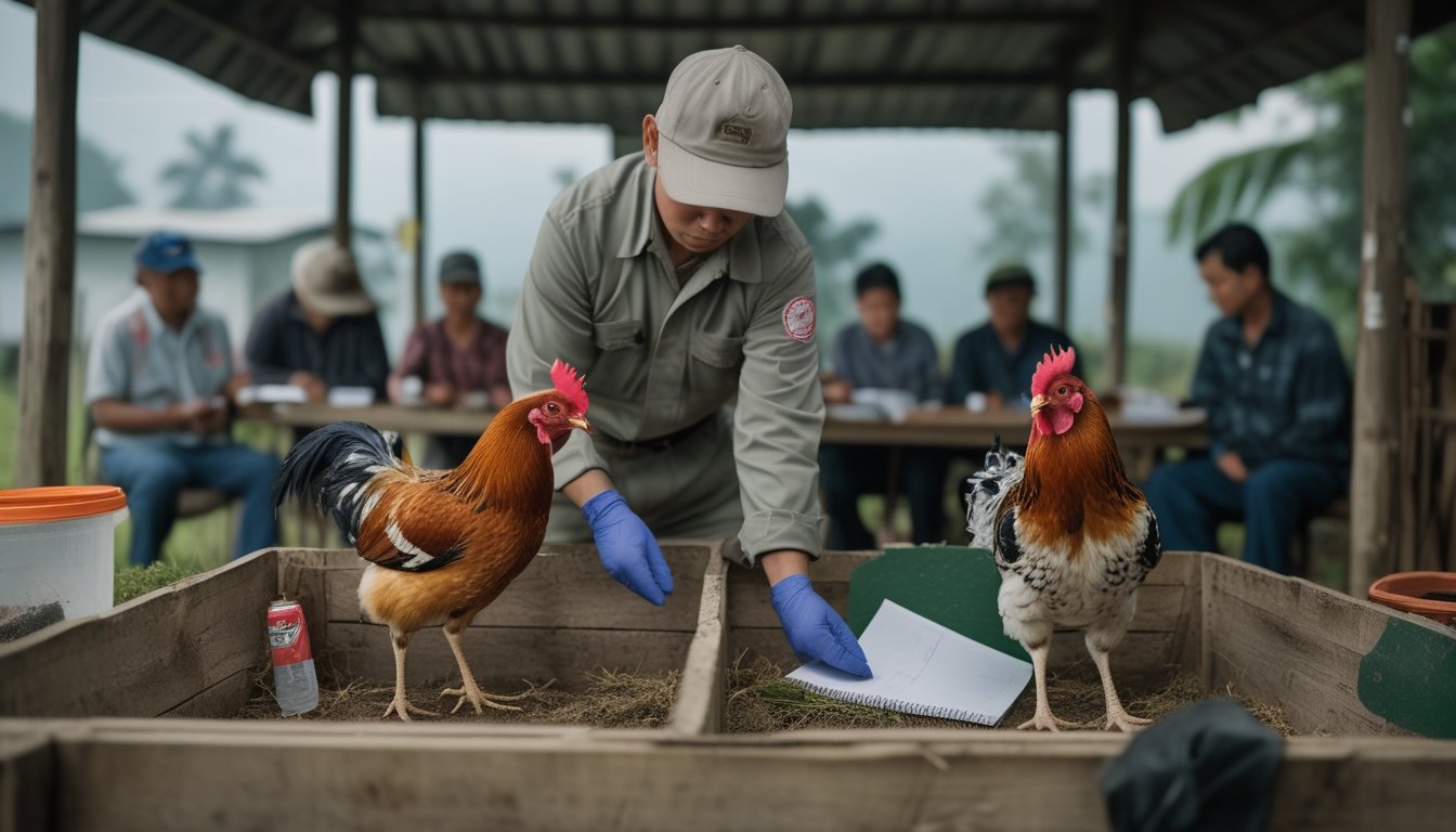 Dokter hewan merawat dua ayam jantan yang ditempatkan terpisah di lingkungan pedesaan.