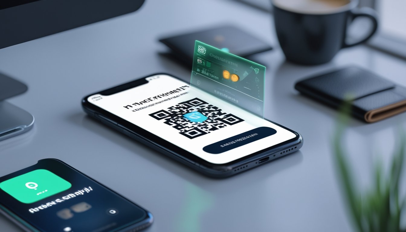 Ponsel menampilkan kode QR pembayaran di atas meja kerja modern.
