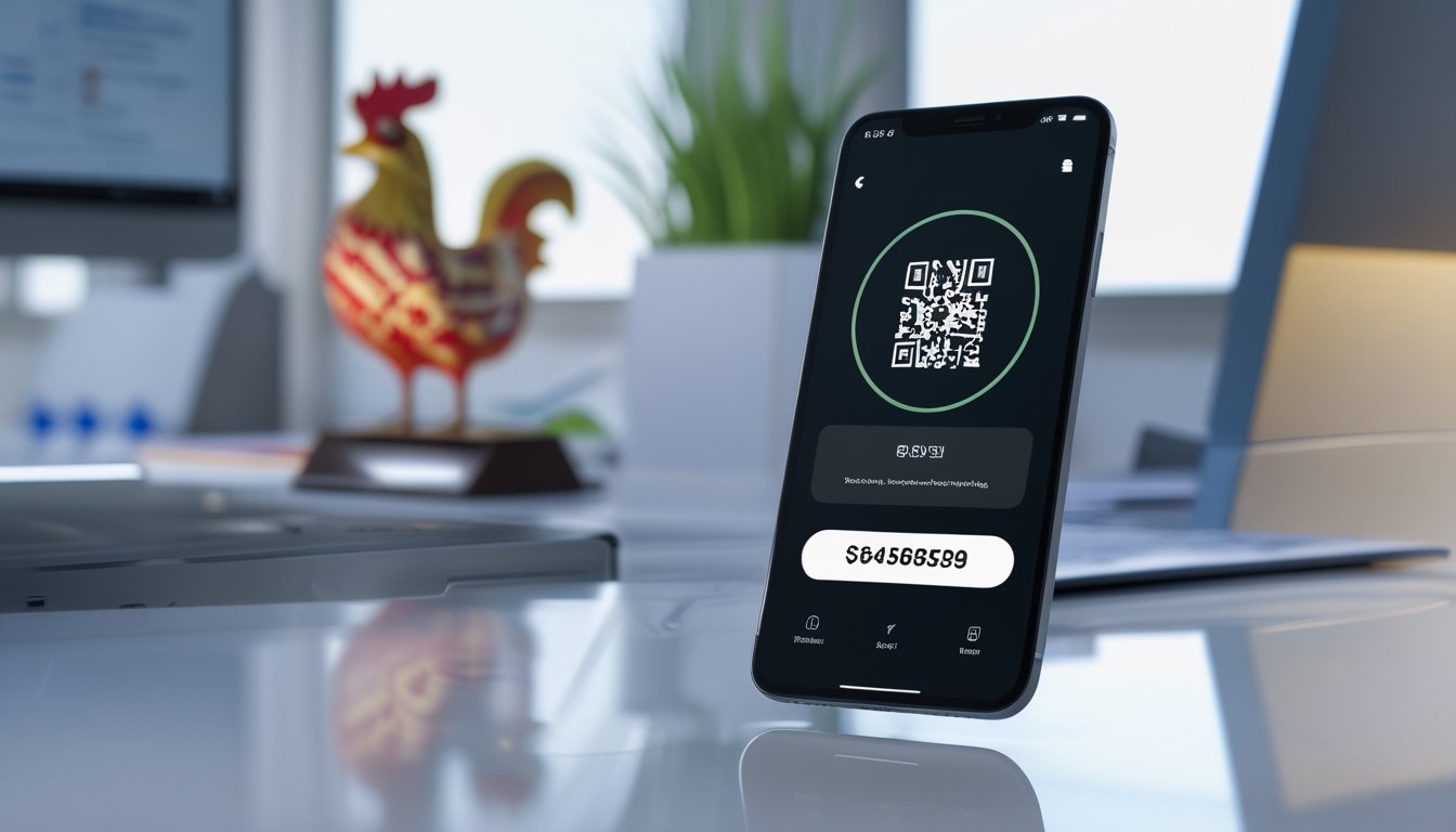 Ponsel menampilkan simbol pembayaran QR di atas meja dengan perangkat digital lain dan hiasan siluet ayam tradisional di latar belakang.