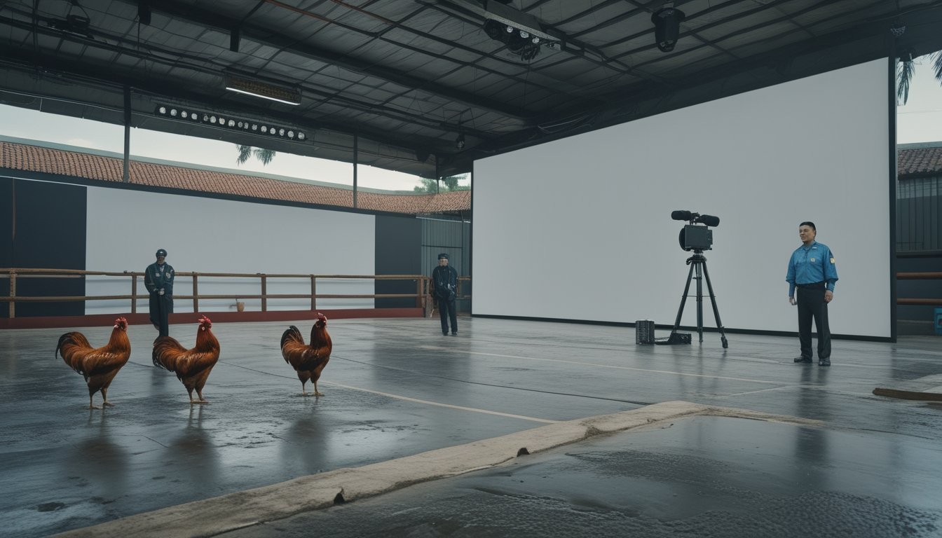 Suasana arena sabung ayam tradisional dengan dua ayam jantan, pengawas, dan peralatan kamera siaran.