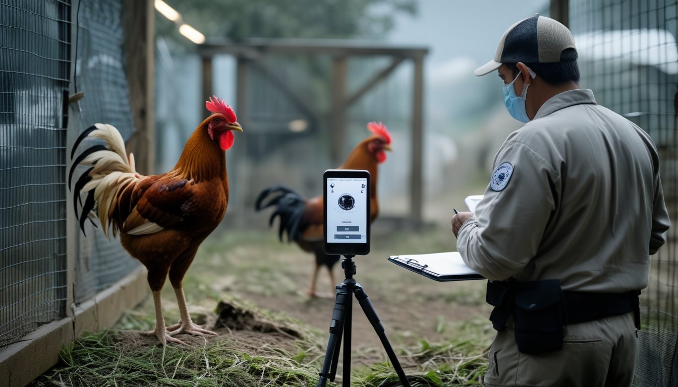 Petugas kesejahteraan hewan mengamati dua ayam jantan yang ditempatkan terpisah dalam kandang aman, dengan ponsel dan dokumen pemeriksaan di latar belakang.