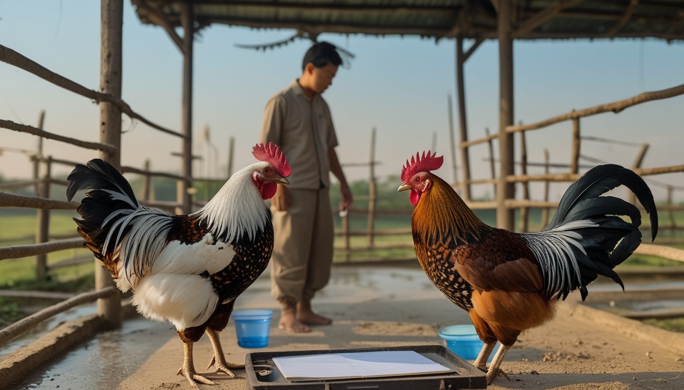 Seorang handler mengamati dua ayam jago sehat di kandang terpisah dalam suasana persiapan kompetisi yang tertib.