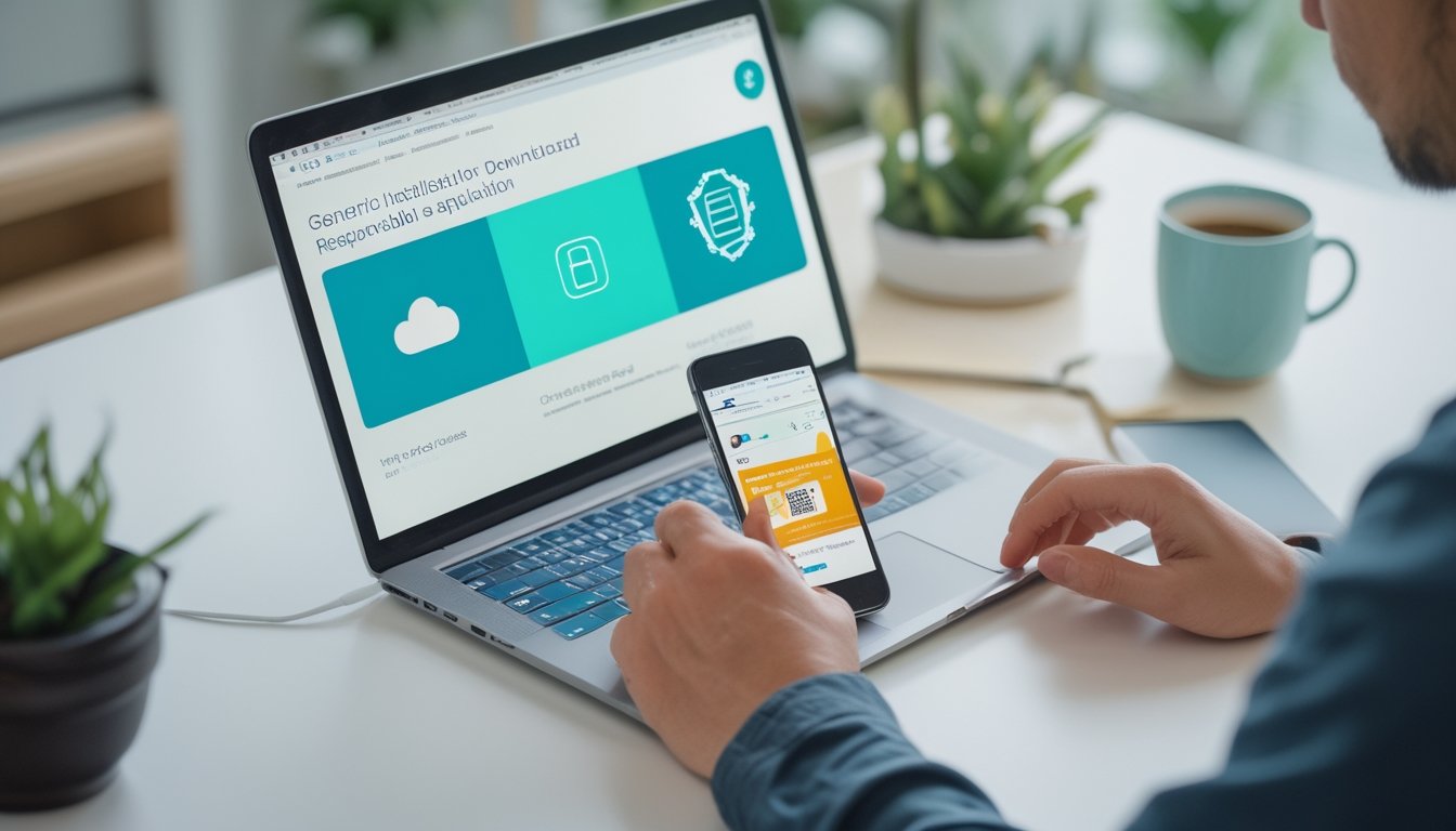 Seseorang menggunakan ponsel dan laptop untuk menjelajahi platform digital serta memasang aplikasi.
