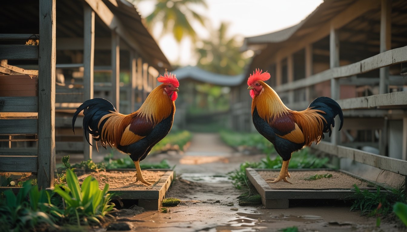 Dua ayam jantan sehat berada di kandang kayu bersih dalam lingkungan pedesaan tropis.