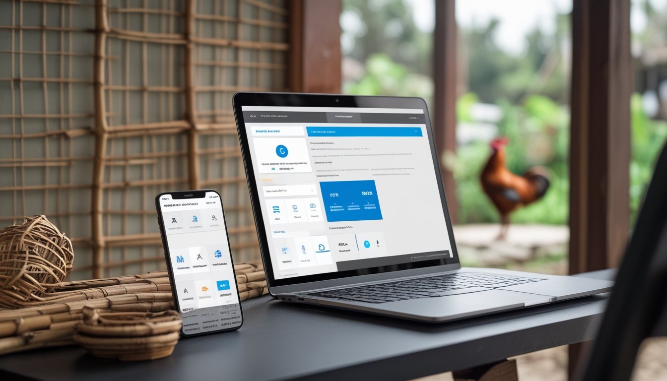 Laptop dan ponsel dengan tampilan antarmuka digital abstrak di ruang kerja modern, disertai siluet ayam di latar belakang.