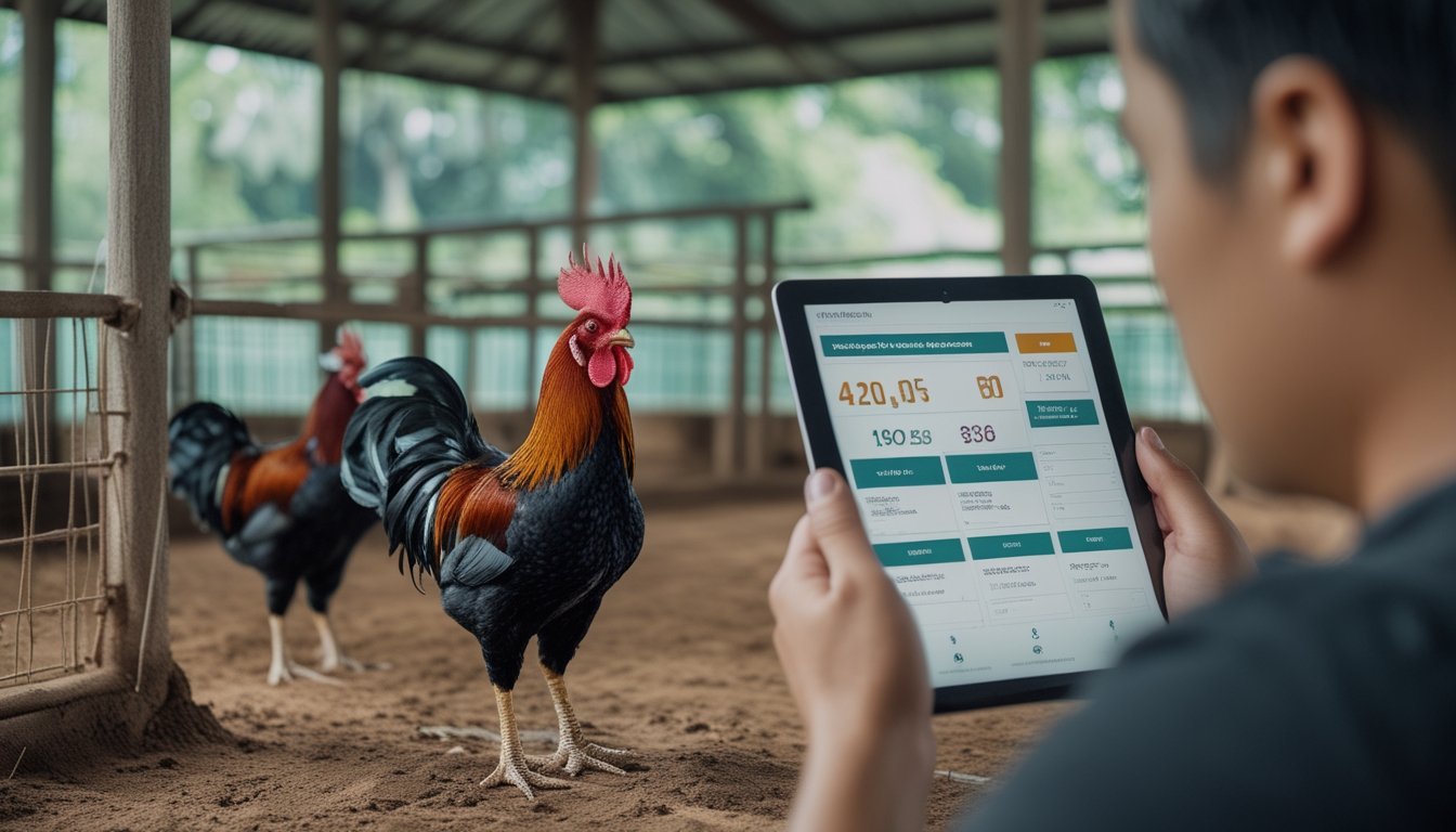 Dua ayam jantan berada di kandang terpisah sementara seorang dewasa melihat tablet di arena yang tertata rapi.