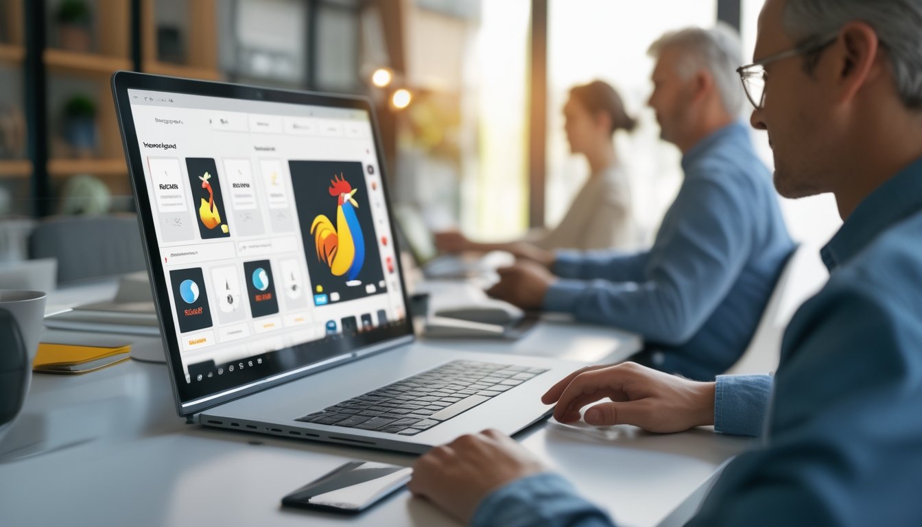 Pengguna menikmati platform digital bertema olahraga ayam melalui laptop dan ponsel di ruang modern.
