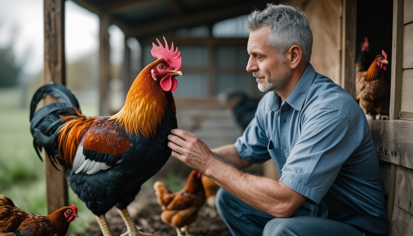 Peternak memeriksa kondisi seekor ayam jantan sehat di dekat kandang.