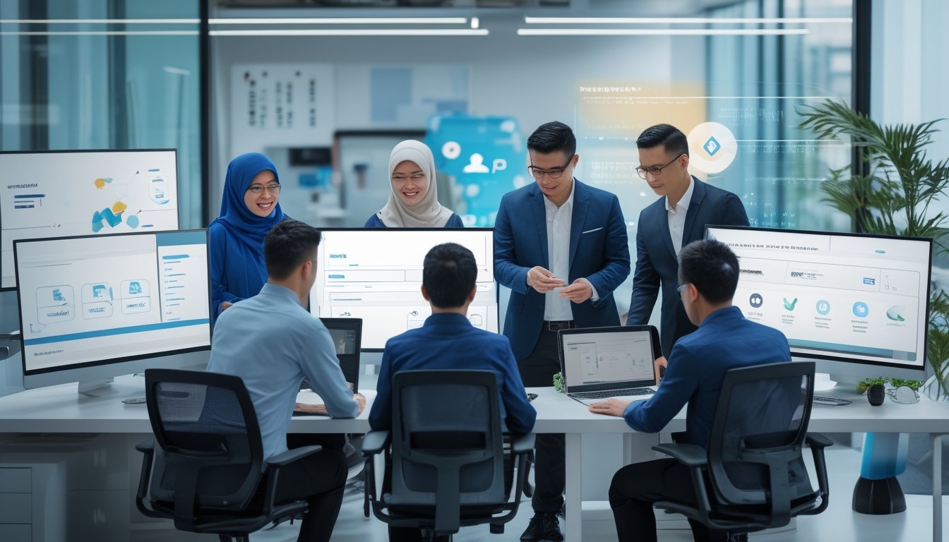 Tim profesional Indonesia meninjau platform digital aman di kantor modern.