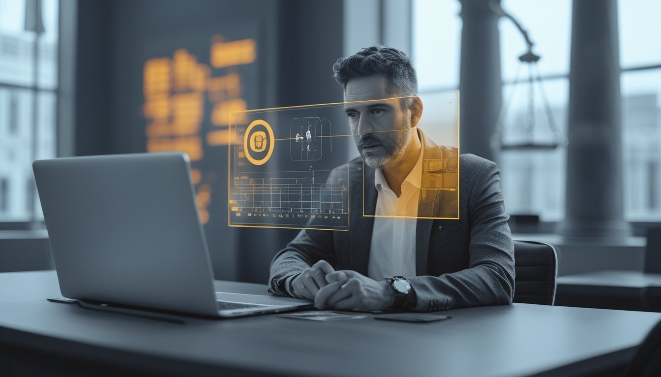 Seseorang meninjau risiko hukum dan keamanan digital di depan laptop dalam suasana kantor.