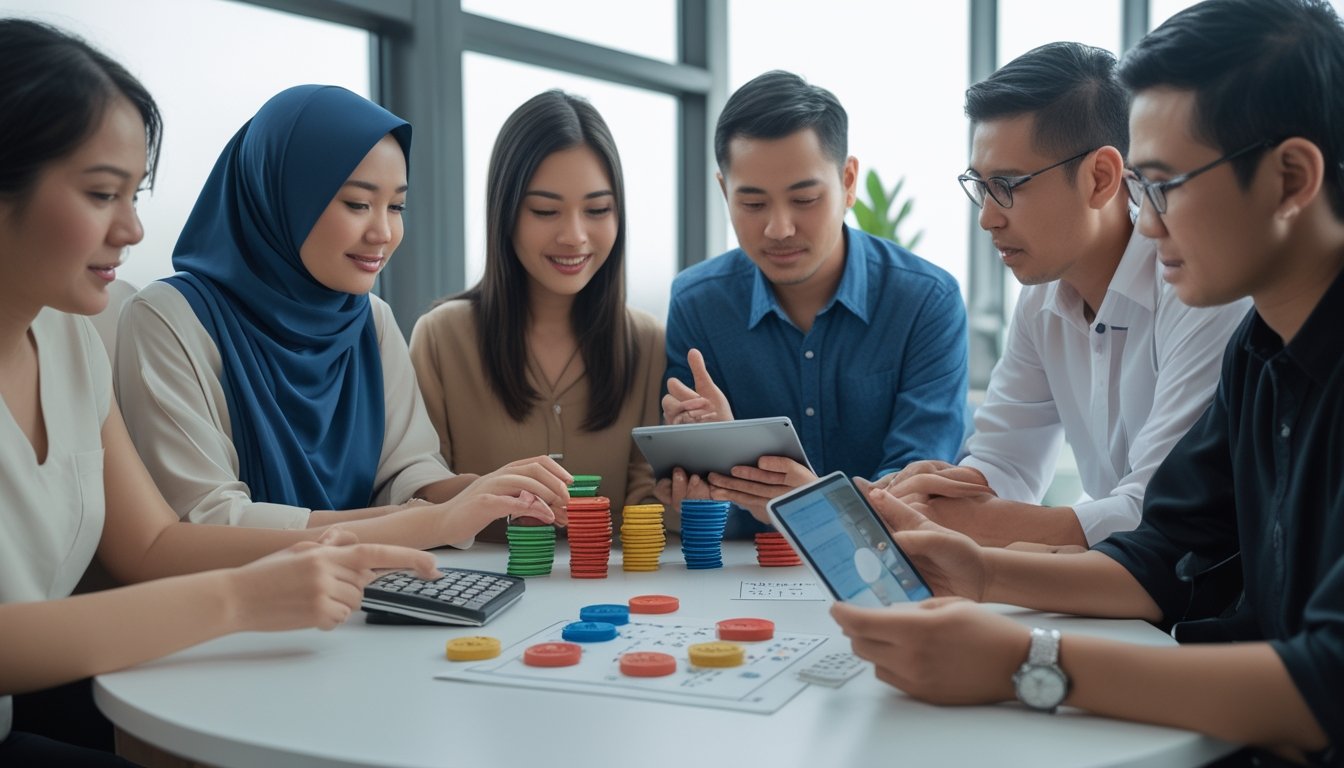 Sekelompok orang dewasa mempelajari pilihan permainan dan token bernomor di sebuah meja.