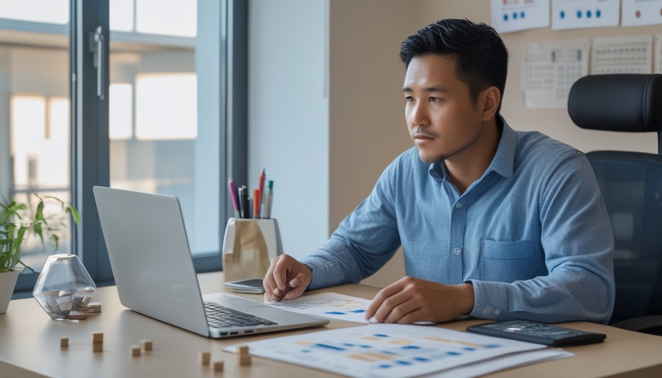 Seseorang menganalisis pola angka dan diagram statistik di meja kerja dengan laptop, kalkulator, dan catatan.