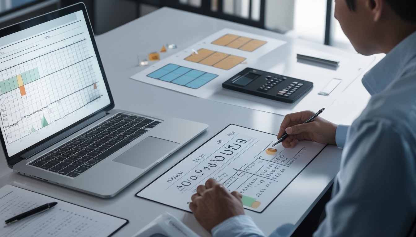 Seseorang mempelajari data dan pola pada meja kerja dengan laptop, catatan, dan kalkulator.