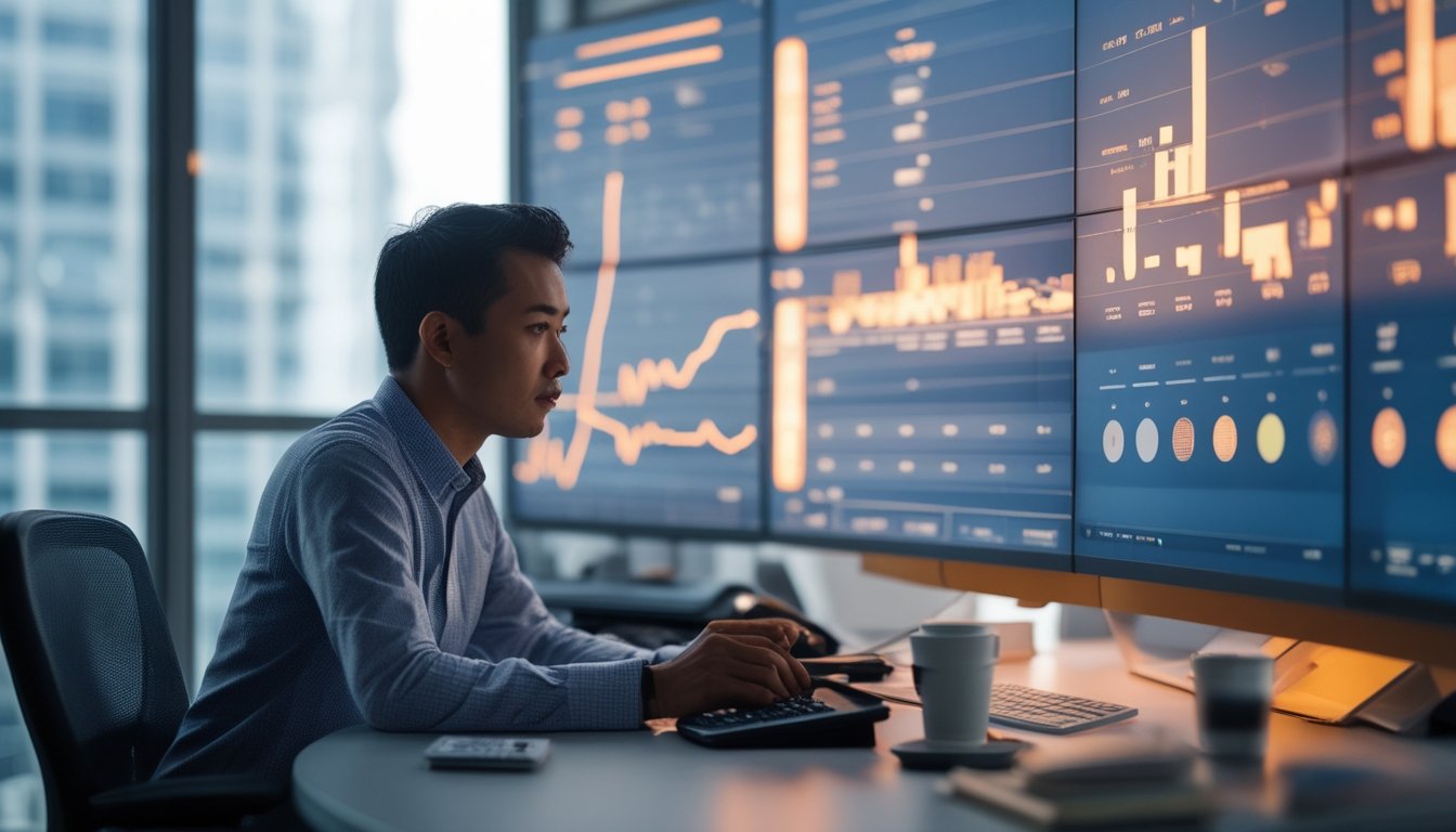 Seorang analis mempelajari pola angka dan visualisasi data abstrak di kantor modern.