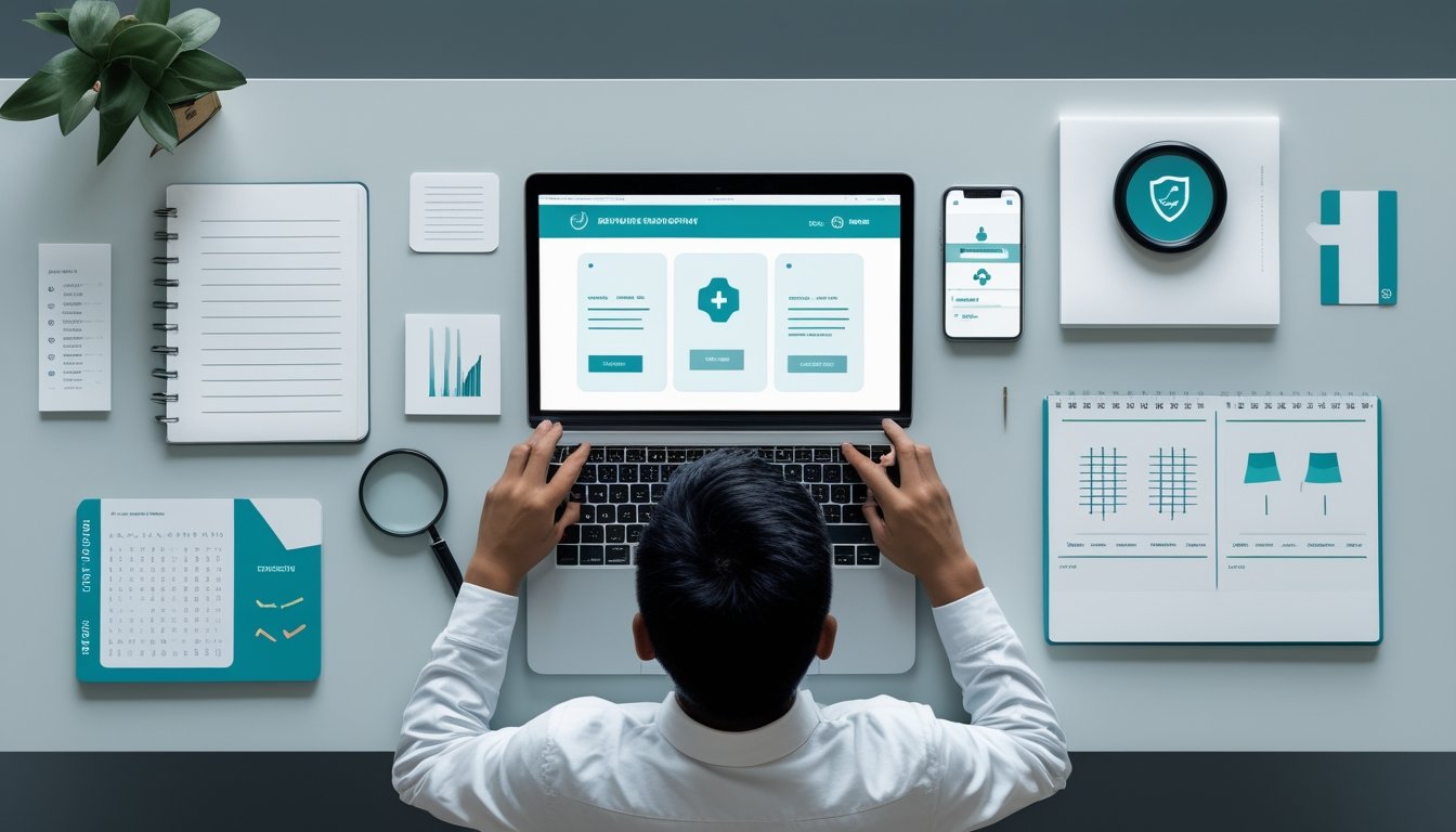 Seseorang membandingkan informasi platform permainan angka di meja kerja menggunakan laptop, ponsel, kalkulator, dan catatan.