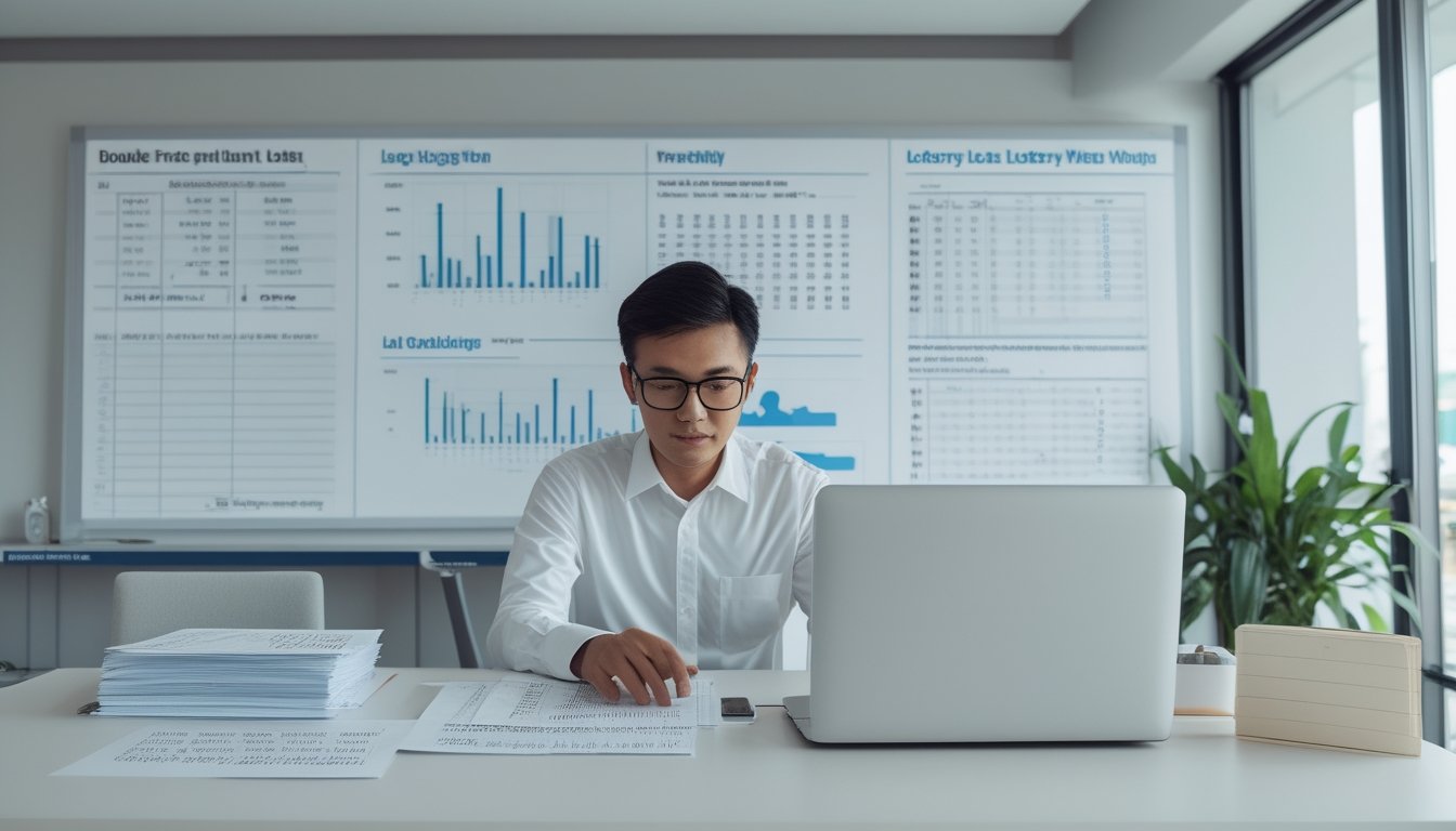 Seseorang menganalisis grafik dan catatan angka di meja kerja dengan kalkulator dan laptop.