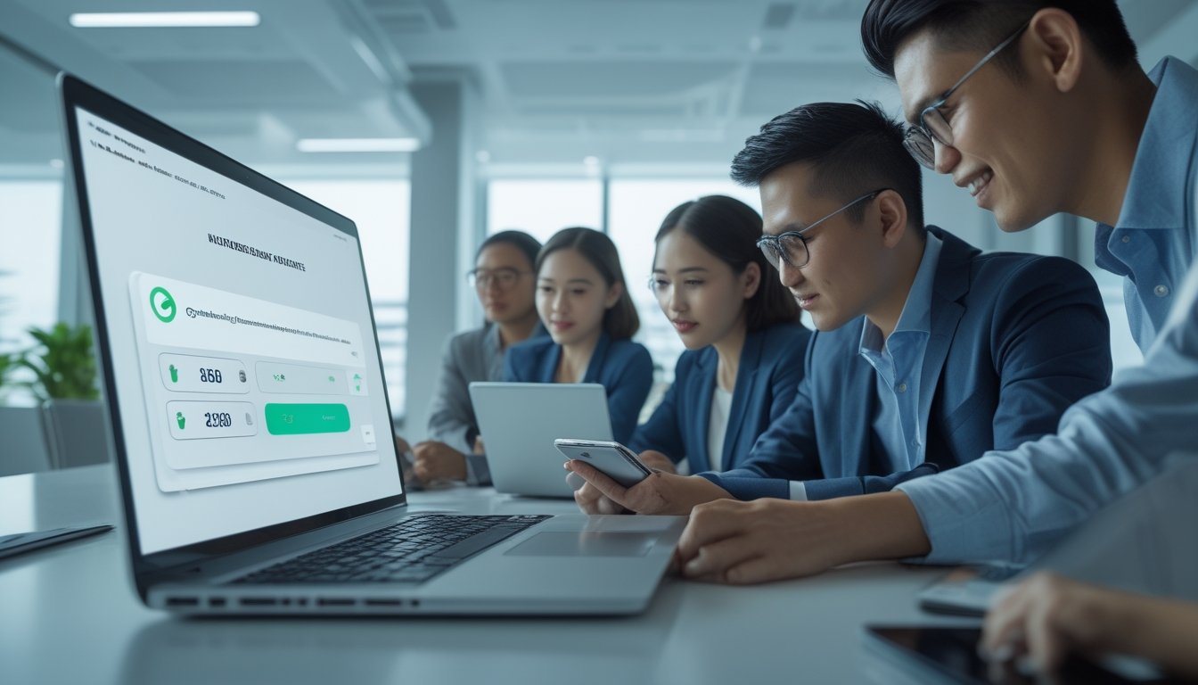Sekelompok profesional memeriksa konfirmasi pembayaran digital di laptop dan ponsel dalam suasana kantor modern.