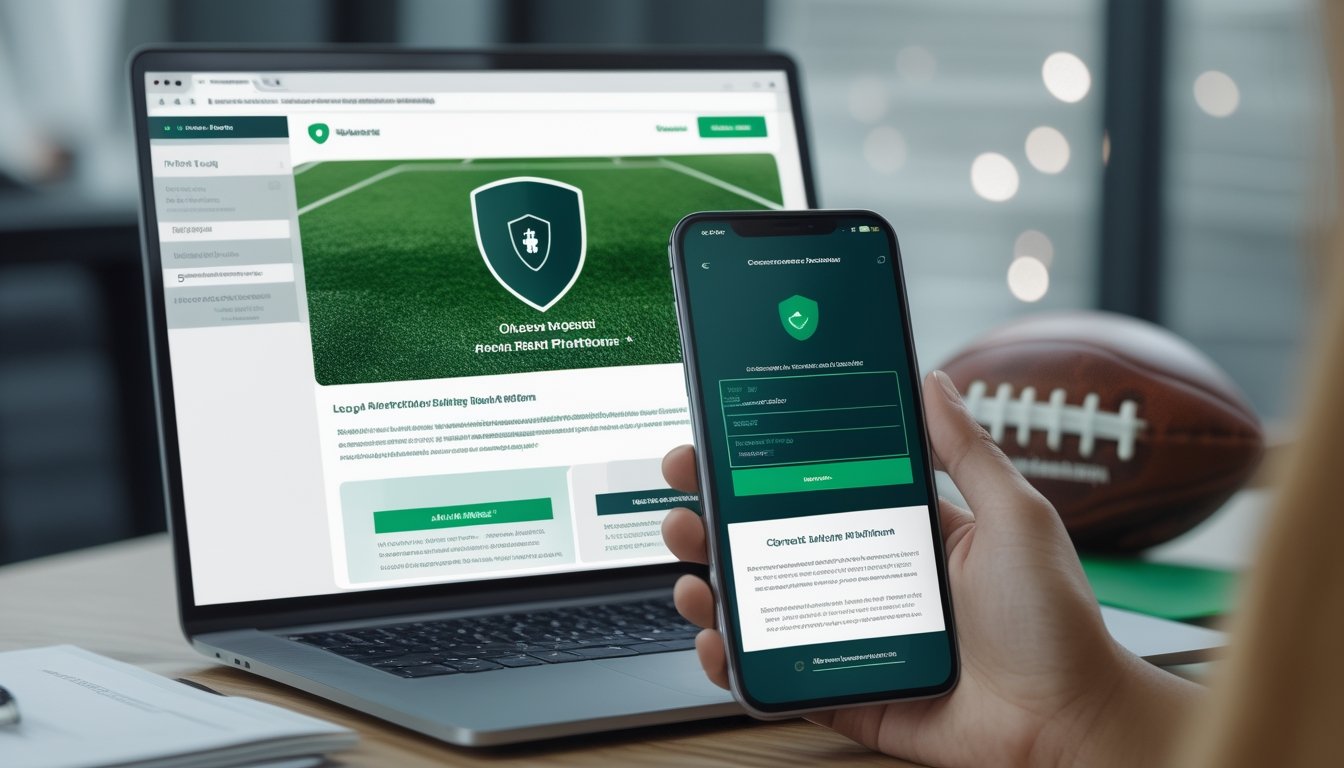 Meja kerja modern dengan laptop, simbol gembok dan perisai, dokumen verifikasi, serta elemen sepak bola.
