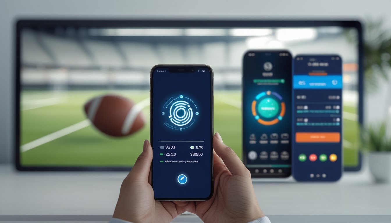 Seseorang menggunakan ponsel untuk melakukan pembayaran digital dengan latar bertema sepak bola.