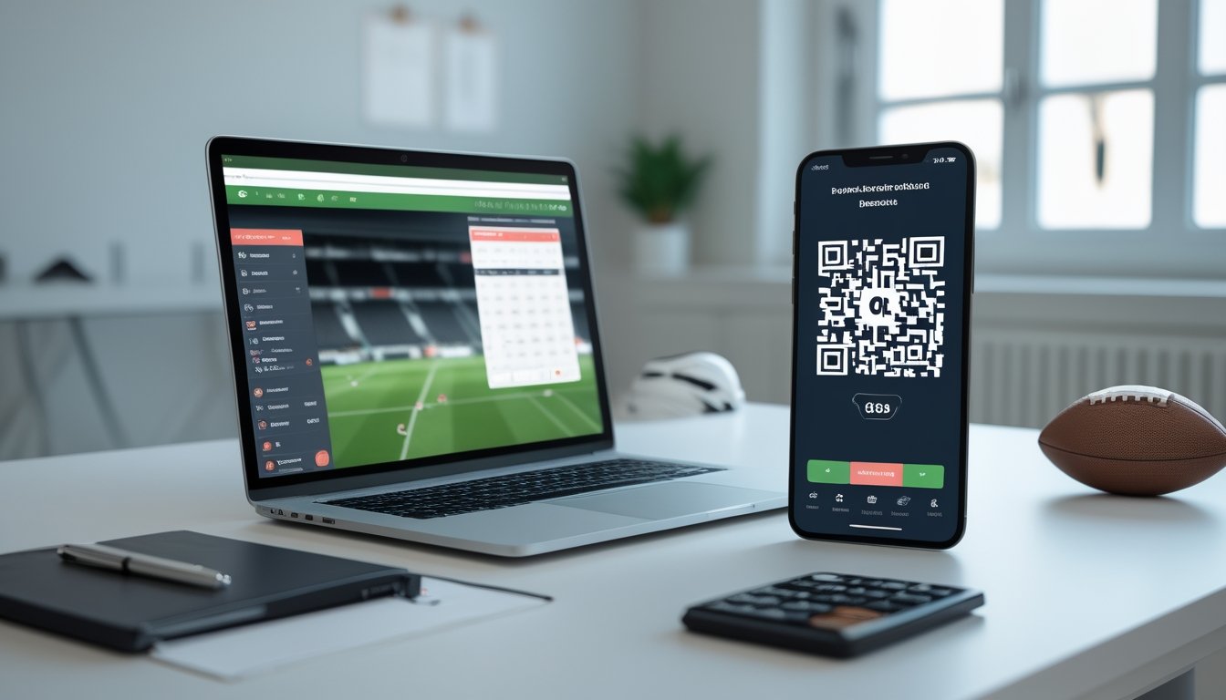 Laptop dan ponsel menampilkan antarmuka pembayaran QRIS generik di meja kerja dengan bola sepak dan kalkulator.