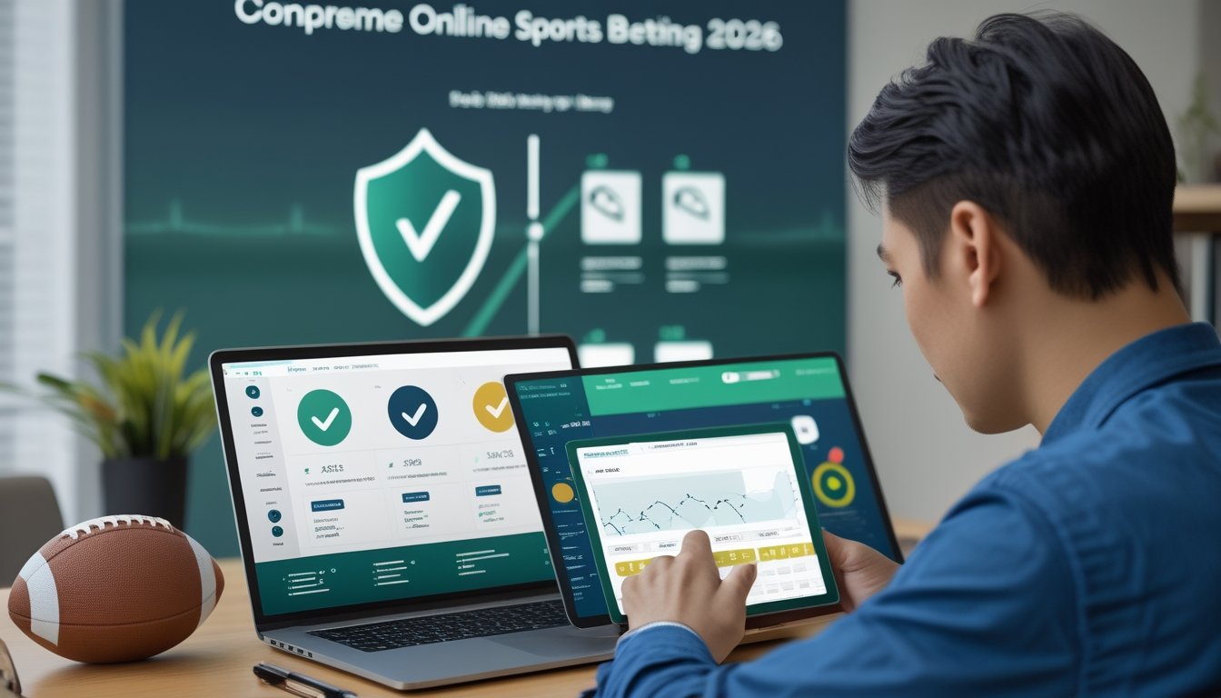 Seseorang membandingkan informasi olahraga dan keamanan digital di ruang kerja modern dengan laptop dan tablet.