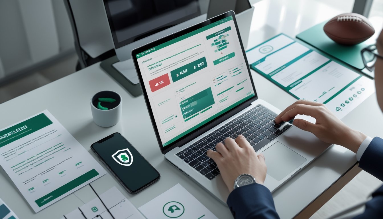 Profesional meninjau informasi lisensi dan keamanan platform sepak bola online di laptop dengan dokumen verifikasi di meja.