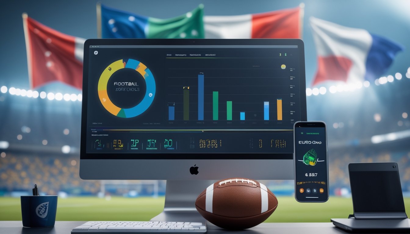 Meja analisis sepak bola dengan bola, layar statistik pertandingan, dan suasana stadion yang buram.