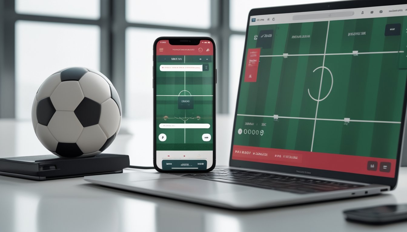 Bola sepak, ponsel, dan laptop dengan tampilan pertandingan olahraga di meja kerja modern.
