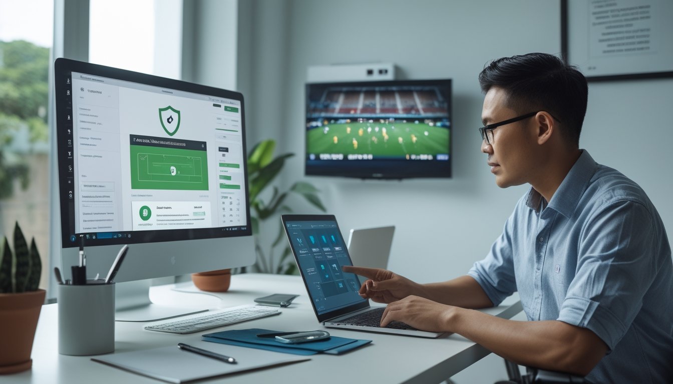 Orang dewasa memeriksa keamanan situs taruhan olahraga di laptop dan ponsel dengan simbol perlindungan digital di meja kerja.
