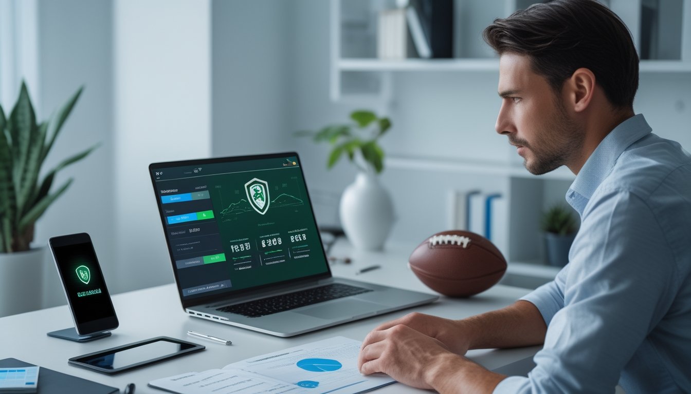 Seseorang memeriksa platform taruhan sepak bola daring yang aman di laptop dengan simbol perlindungan pada ponsel.
