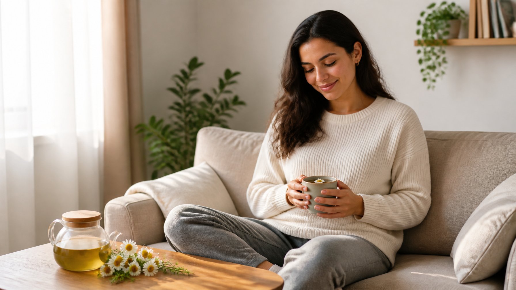 A relaxed woman holds a cup of chamomile tea while seated comfortably at home.