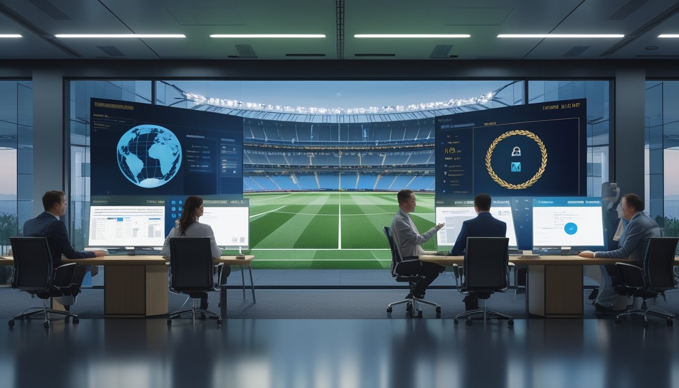 Profesional dewasa meninjau statistik pertandingan sepak bola di kantor modern dengan stadion terlihat di luar jendela.