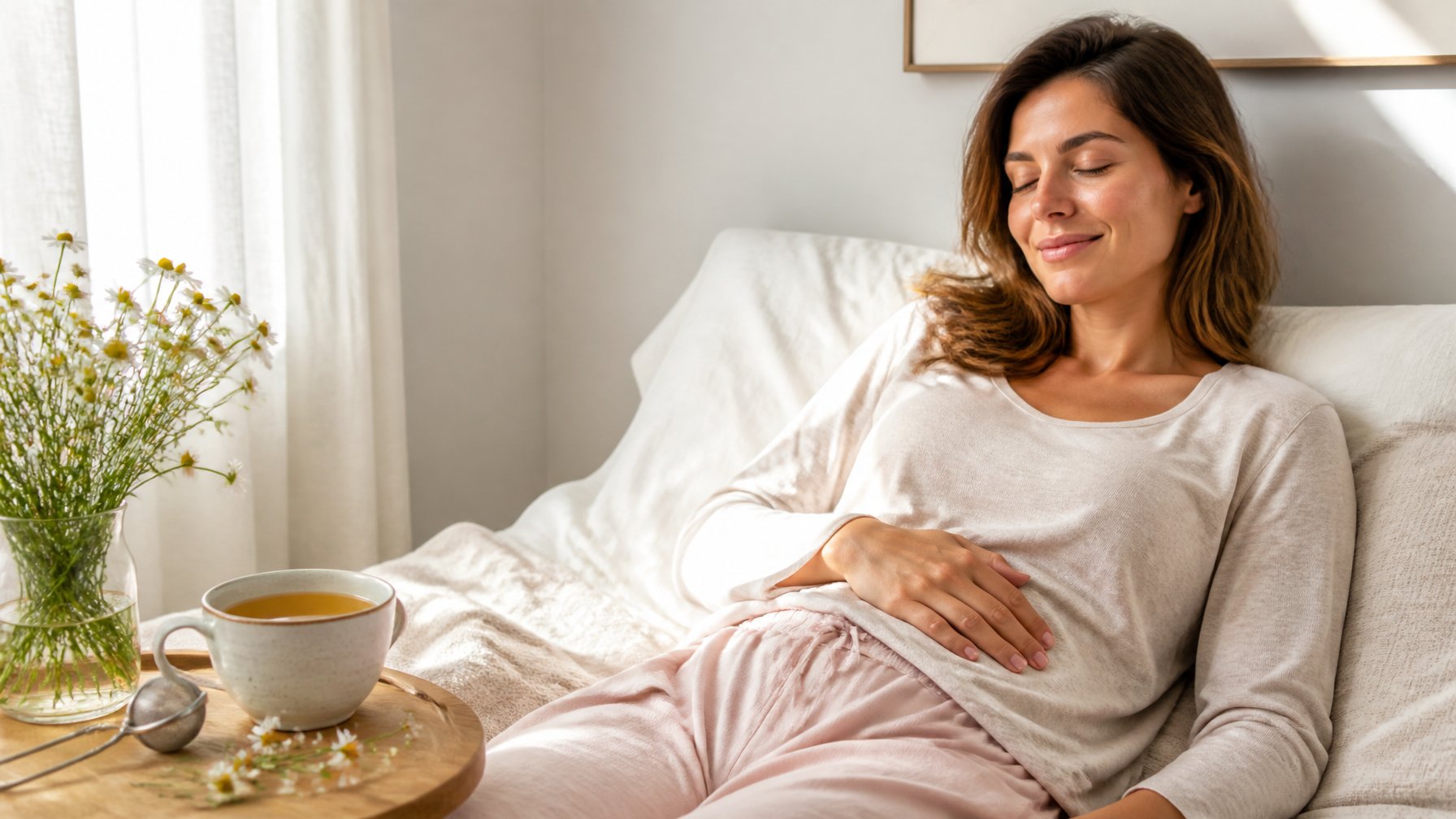 A woman relaxes with one hand on her lower abdomen beside a cup of chamomile tea and chamomile flowers.