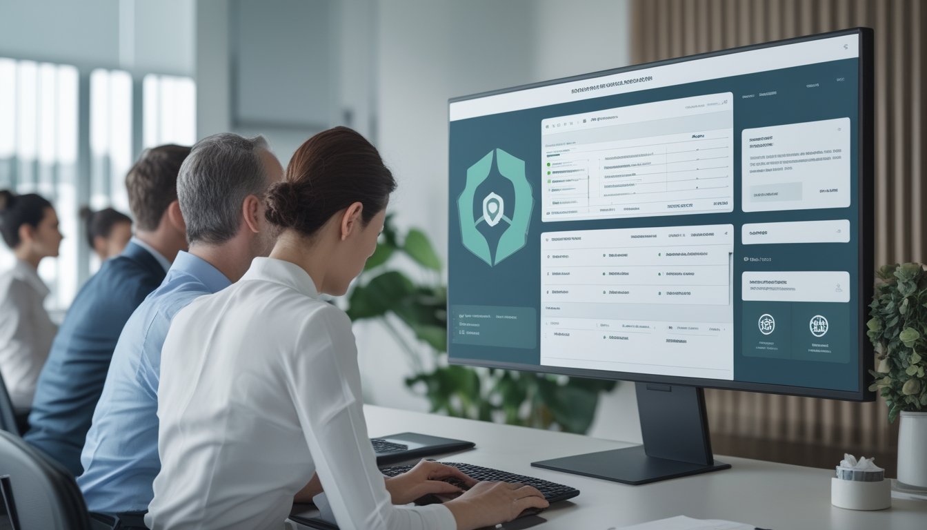 Tim profesional meninjau dokumen kepatuhan dan sistem verifikasi di kantor modern.