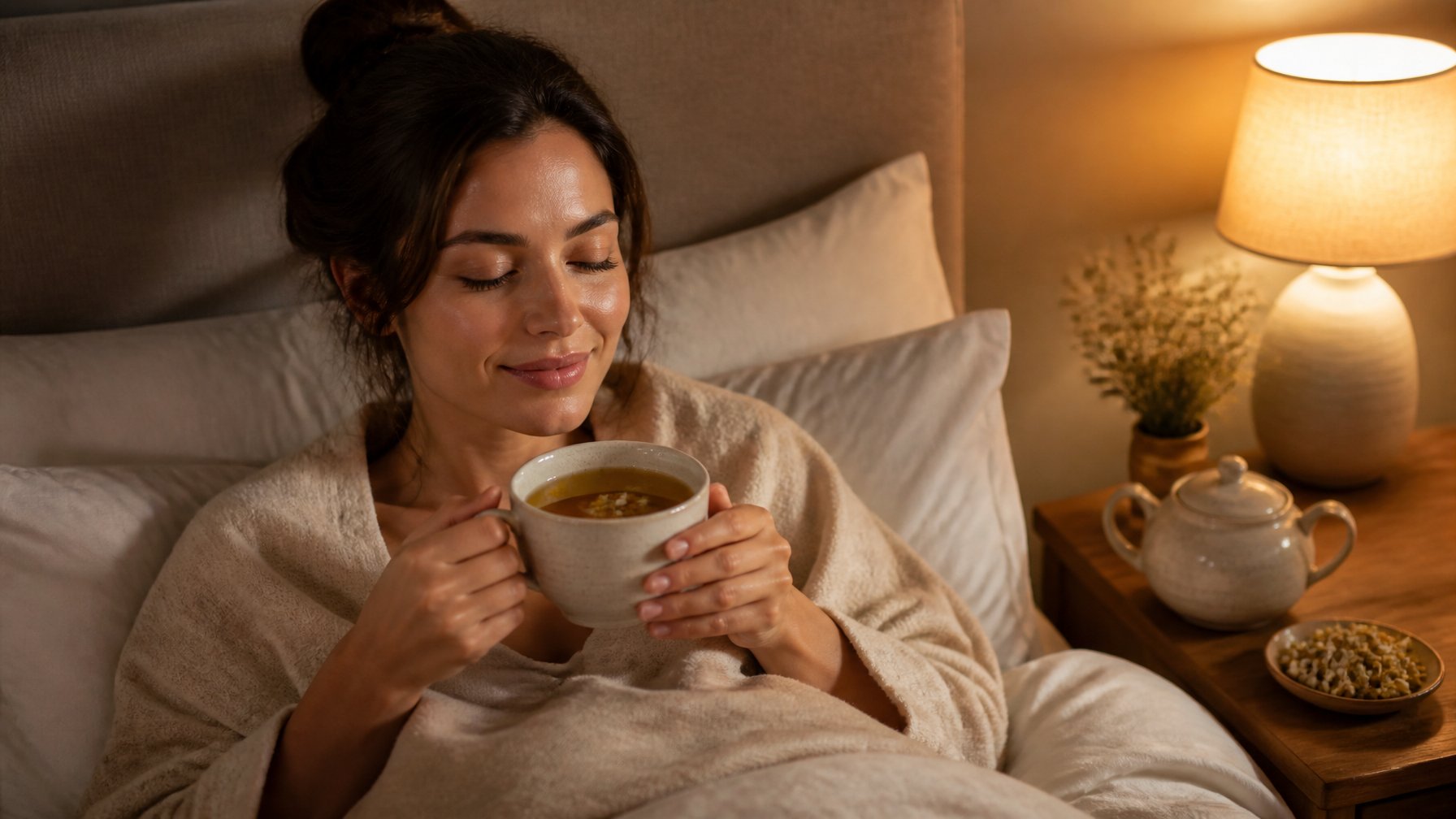 A relaxed woman drinks chamomile tea in a softly lit bedroom before sleep.